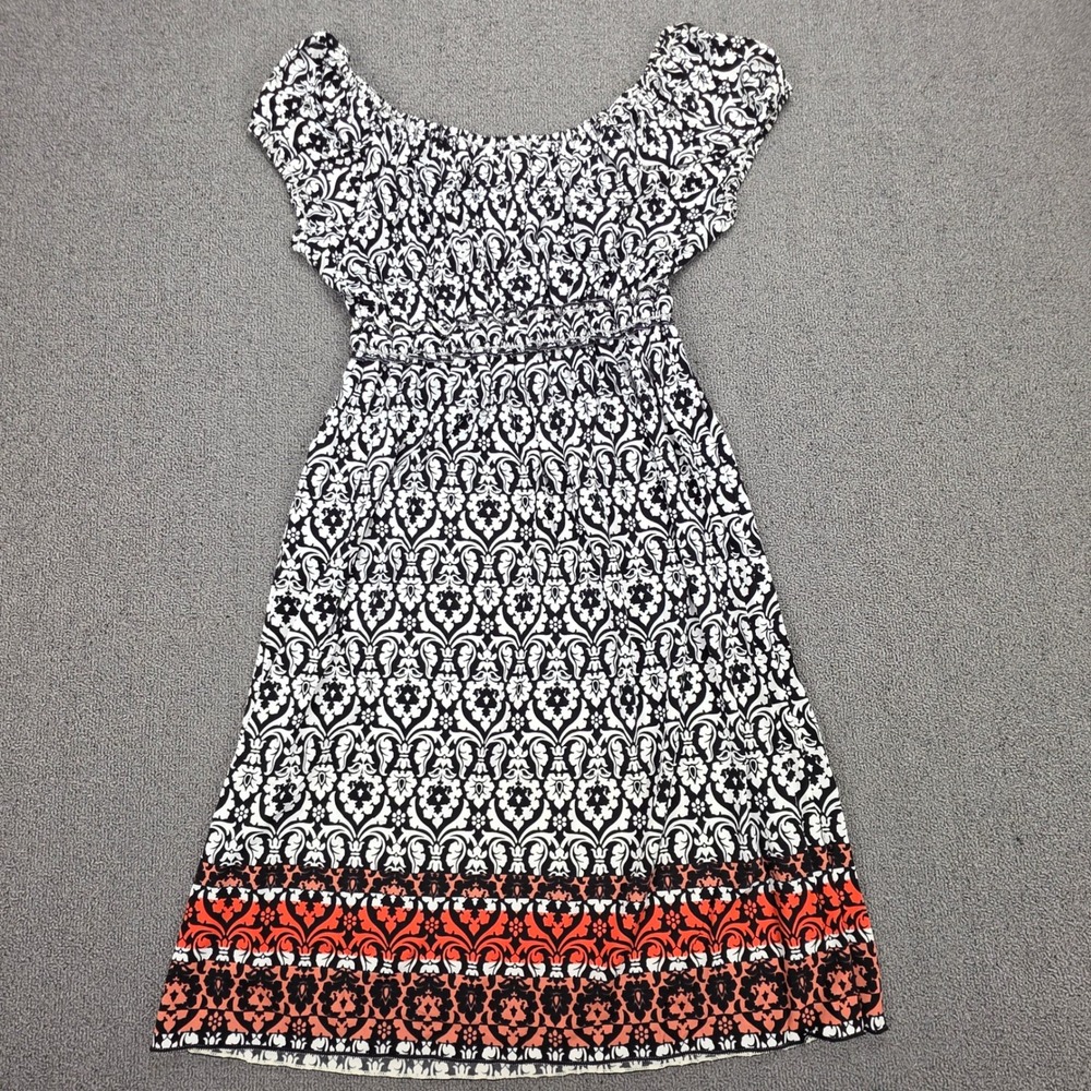 Sophie Max Black White Damask Empire Waist Dress Orange Border XS - Picture 4 of 6